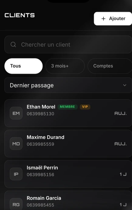L'écran Clients de l'appli des barbers (données fictives)
