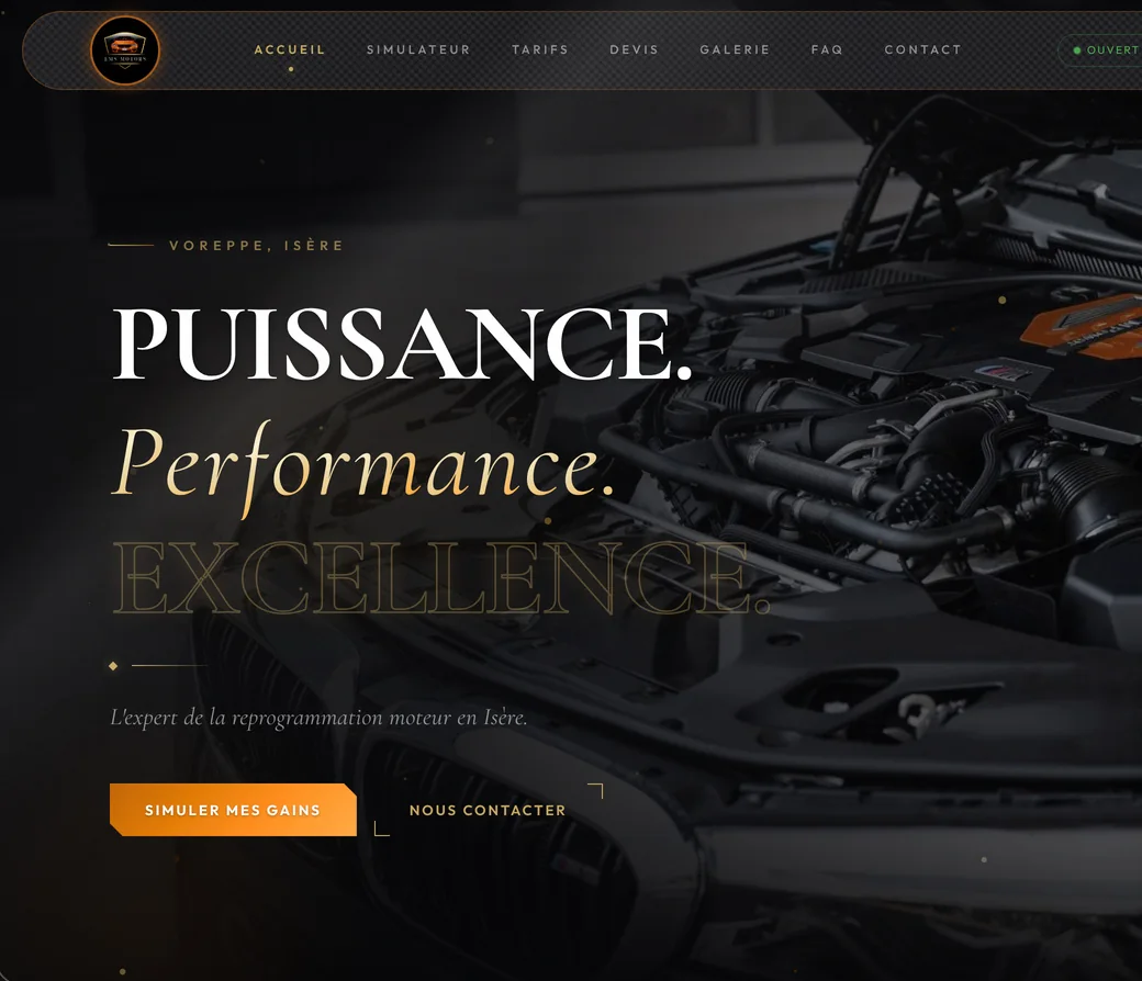 L'accueil du site EMS Motors : « Puissance. Performance. Excellence. »