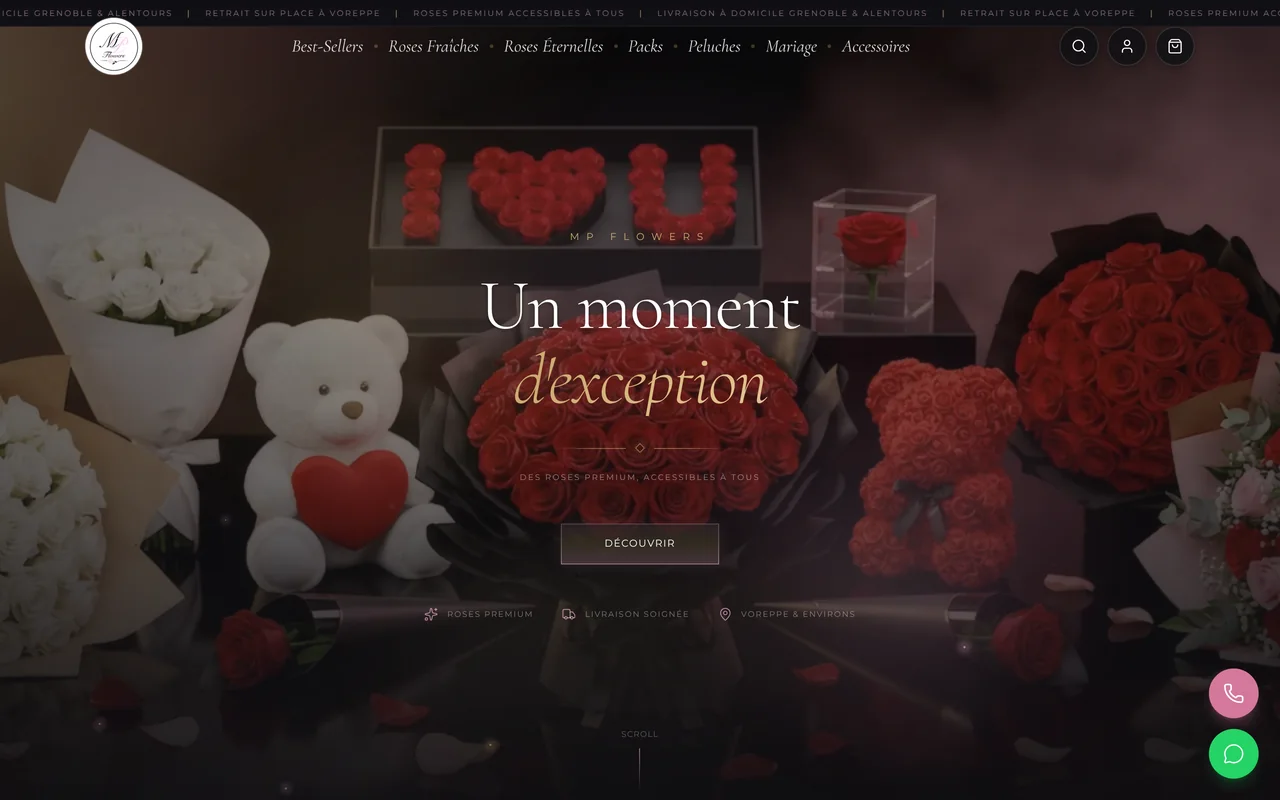 L'accueil de la boutique MP Flowers sur ordinateur : « Un moment d'exception »