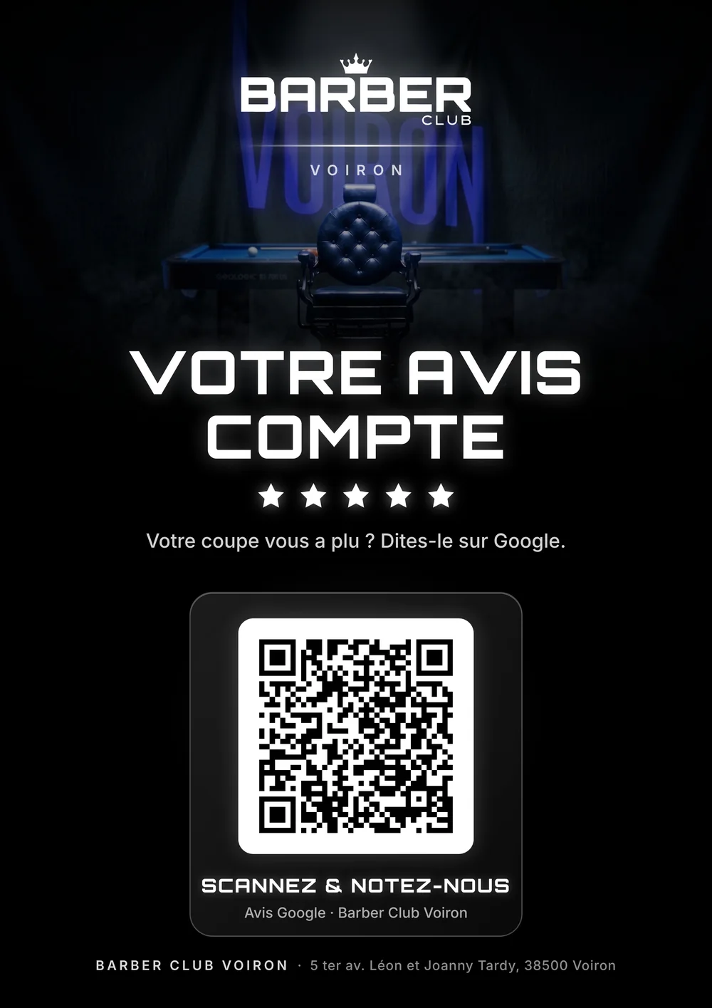L'affiche des avis Google du salon de Voiron, avec son QR code